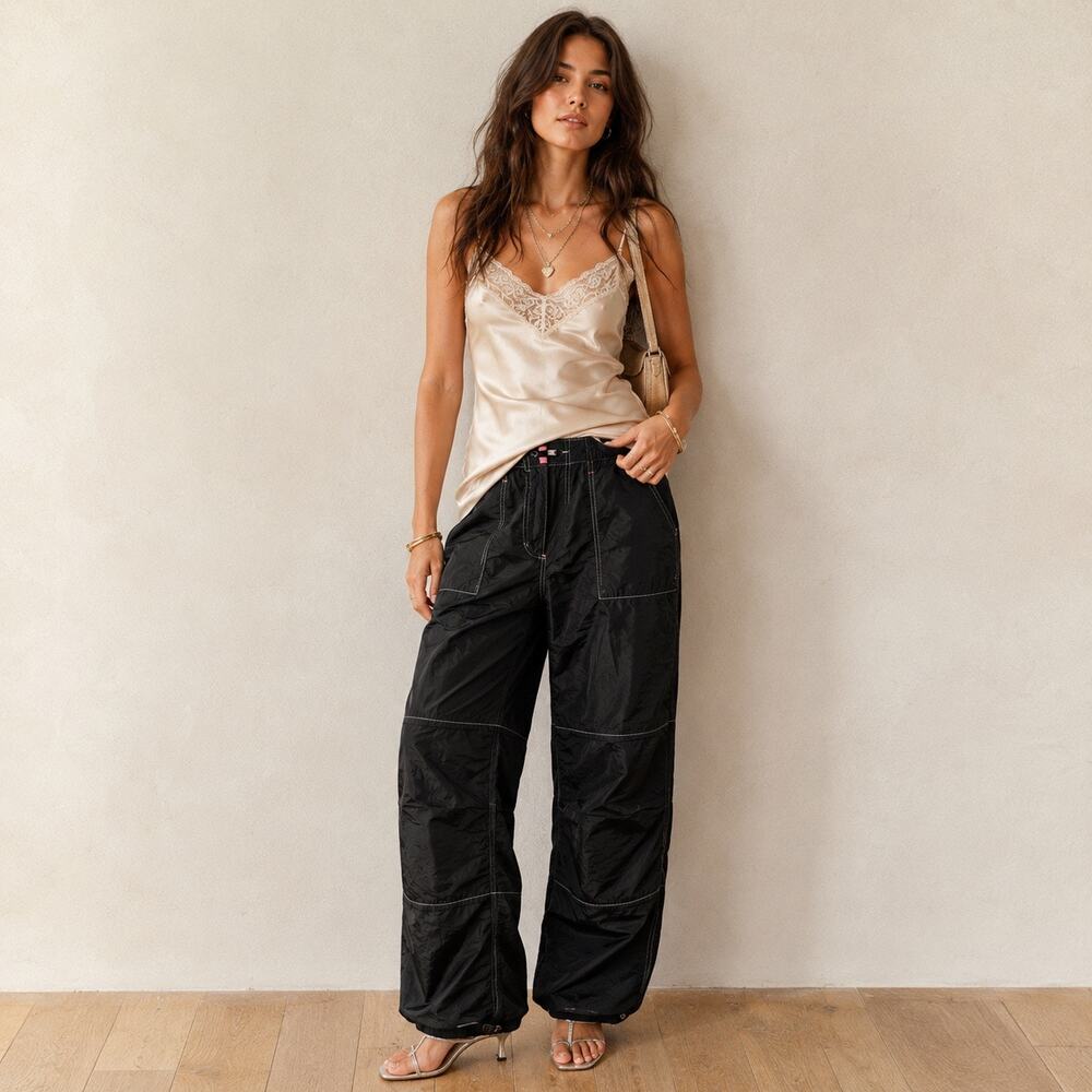 Vintage 90s Arizona Black Nylon Baggy Track Pants High Waist Size L